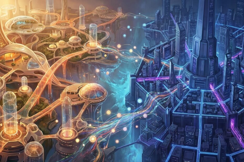 Two AI ecosystems OpenClaw and MCP visualized as competing cities